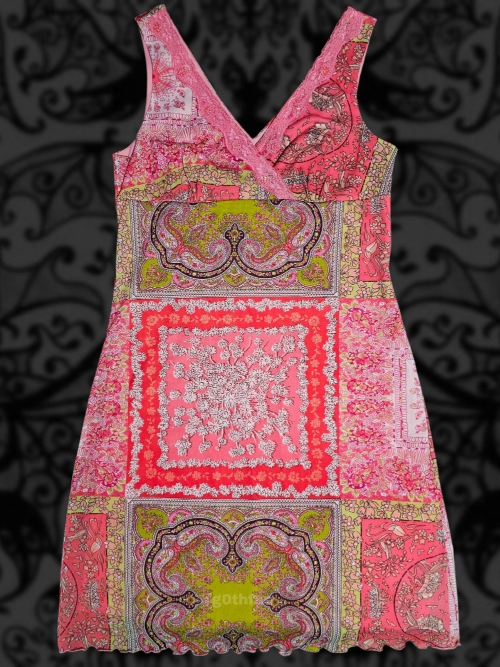 Floral Patchwork Paisley Beaded Sleeveless Lace V-Neck Mini Dress - Pink & Green